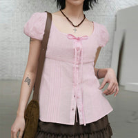 Womens French-style Puff-sleeve Figure-hugging Waist-cinching Blouse With A Tie