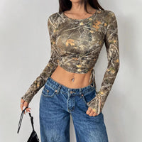 Mesh Branch Printing Side Drawstring Fitted Short T-shirt