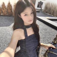 Retro Color-contrast Check Tube Top Women's Short Top