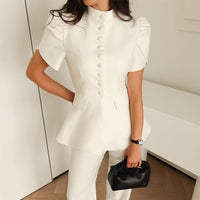 Niche Puff-sleeve Row-button Waist-cinching Blazer Top