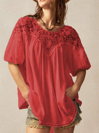 Lace-panelled Round-neck Short-sleeve Loose Womens Blouse