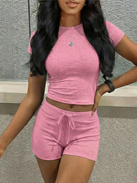 Women's Short-Sleeve High-Waist Midriff-Baring Drawstring Shorts Set