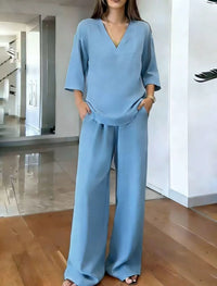 Women's V-neck Short-Sleeve Top And Wide-Leg Pants Casual Set