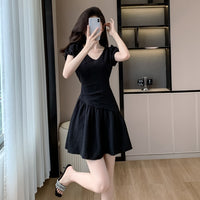 V-neck Puffed-sleeve Dress For Women Designer-style With Pleated Waist-cinching Details