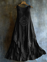 Womens Retro Bohemian Rose-Embroidered Linen Loose Sleeveless Maxi Dress