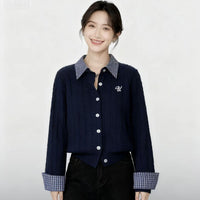 Plaid Stitching Lapel Long Sleeve Twist Knitted Sweater