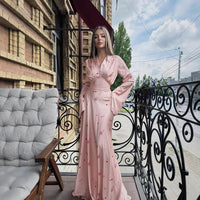 Womens Fashion V-Neck Printed Long-Sleeve Dress