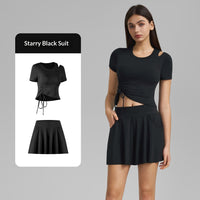 Womens One-Shoulder Hollow-Out Sexy Short-Sleeve Top And Culotte Set