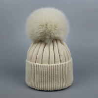 Fox Fur Warm Winter Hat With Ball For Women Child Girl Wool Thick Knitted