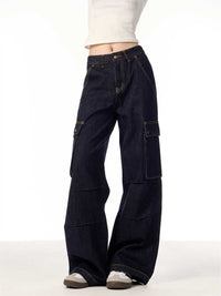 Multi-pocket Straight Cargo Jeans Women's Wide-leg Trousers