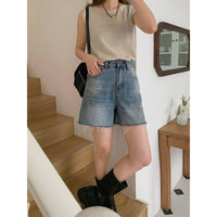 Women's Retro Fashionable Raw Edge Distressed Baggy Denim Shorts