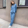 Womens Loose Crepe Cotton Long-Sleeve Top And Pants Two-Piece Set