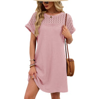 Solid-color Crewneck Lace-panel Loose-fit Short-sleeve Dress
