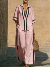 Color Block Short Sleeve Top And Wide Leg Pants Two Piece Set - Casual Summer Loose Fit Matching Outfit For Women Daily Wear