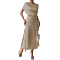 Satin Off-shoulder Figure-hugging Pleated Light-luxury High-end Long Dress
