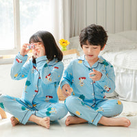 Cute Cartoon Boys And Girls Lapel Pajamas Set