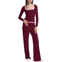 Women's Long-Sleeve Square-Neck Top And Yoga Pants Two-Piece Set