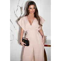 V-neck Solid Color Waist Tight Jumpsuit