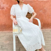 Short-sleeve Hollow-out Embroidered Slim-fit Midi Dress