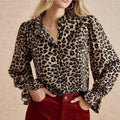 New Womens Casual Leopard-print Stand-collar Long-sleeve Cardigan Shirt