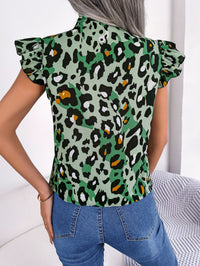 Women's Casual Leopard Print Ruffle Trim Tie Chiffon Blouse Top