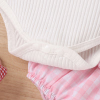 Lace Sleeve Sunken Stripe Romper Plaid Bag Fart Pants Hair Band Girls Suit