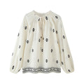 European And American Style Women's Fashion Casual Loose Long Sleeve Lace-up Embroidered Shirt