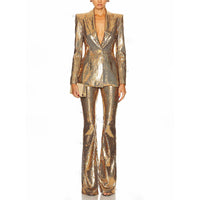 Fashionable Gold Sequin Blazer And Pants Suit For Women