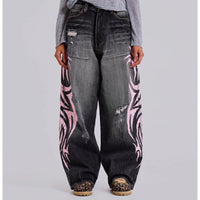 Womens Distressed Relaxed-Fit Denim Jeans With A Bold Totem Print And Extra-Wide Legs