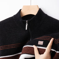Men's Chenille Half-Zip Fleece- Lined Striped Pullover Sweater