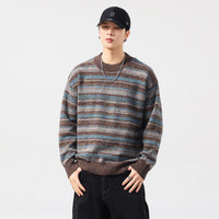 Male Loose Fit Retro Knitwear Crew-neck Striped Sweater