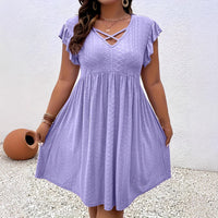 Womens V-neck Hollow-out Short-Sleeve Blouse Dress