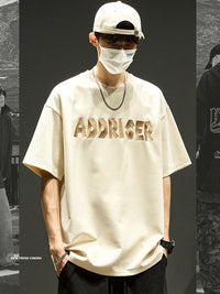 High-Street Embroidered Letter Crewneck Suede-Fleece Short Sleeve