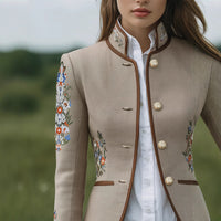 Womens Retro Floral Embroidery Stand Up Collar Jacket