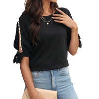 Elegant Commuter T-Shirt Womens Lace-Patchwork Cold-Shoulder T-Shirt