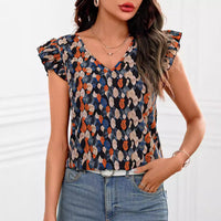 New European And American-style Printed V-neck Short-sleeve Womens Top