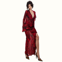 New French Style Retro Solid Color Lace Deep V Flared Sleeve Split Dress