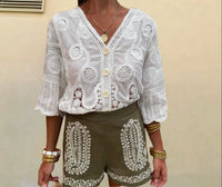 Fashion Sweet V-neck Single Breasted Loose T-shirt