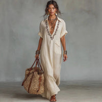 Casual Cotton-Linen Embroidered Pattern Short-Sleeve Pocket Dress