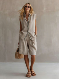 Single-breasted Sleeveless Linen Shirt And Shorts Set