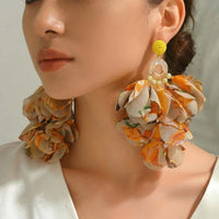 Bohemian Handmade Fabric Chiffon Flower Dangle Earrings For Women Tropical Beach Vacation Party Oversized Statement Jewelry