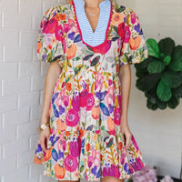 Versatile Floral Print Striped Trim Dress For Women