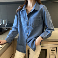Deep Blue Vintage Straight-Shoulder Hong Kong-Style Soft Denim Shirt