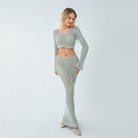 Womens Cropped Long-Sleeve Knitted Top And Skirt Set