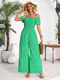 Printed Round Neck Smocking Jumpsuit Women's Clothing