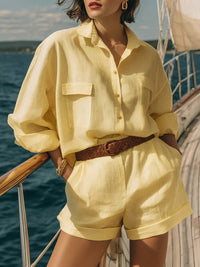 Cotton-linen Loose-fit Button-down Shirt And Shorts Fashion Casual Set
