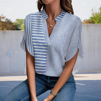 Summer New Stand Collar Pullover Striped Printed Casual Shirt
