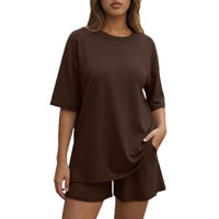 Round-neck Casual Loose-fitting Short-sleeve Shorts Womens Set