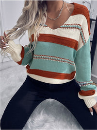 Women's V-neck Casual Loose Contrast Color Striped Pullover