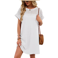 Solid-color Crewneck Lace-panel Loose-fit Short-sleeve Dress